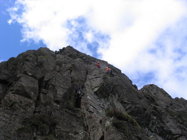 Keith leading a little chimney on Grey Crags...