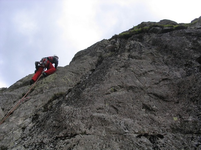 Dave leading the first pitch on Outside/Face route on Dovenest Crag, Borrowdale