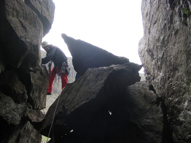 Stepping out of the chimney onto the slab to finish