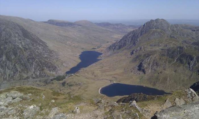 A fine snowdonia panorama - Llyn Ogwen (center) with the mighty Tryfan on the right. Llyn Idwal in the foreground